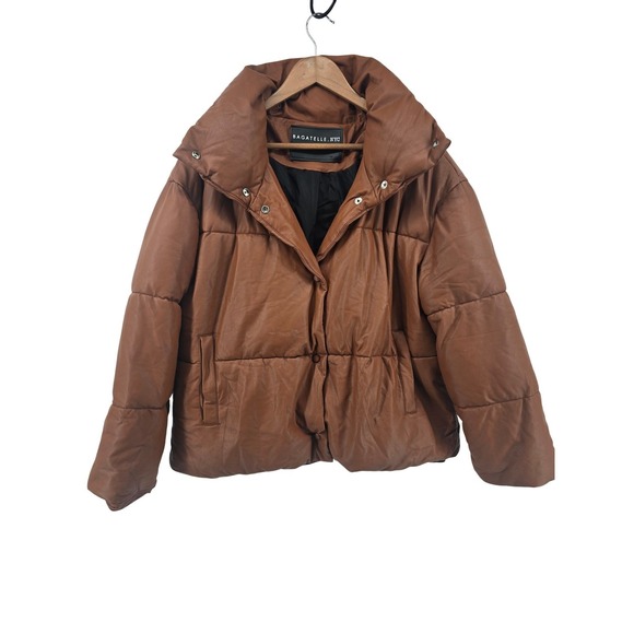 Bagatelle NYC Brown Vegan Leather Puffer Jacket Large Quilted Collar Oversized - Picture 2 of 7